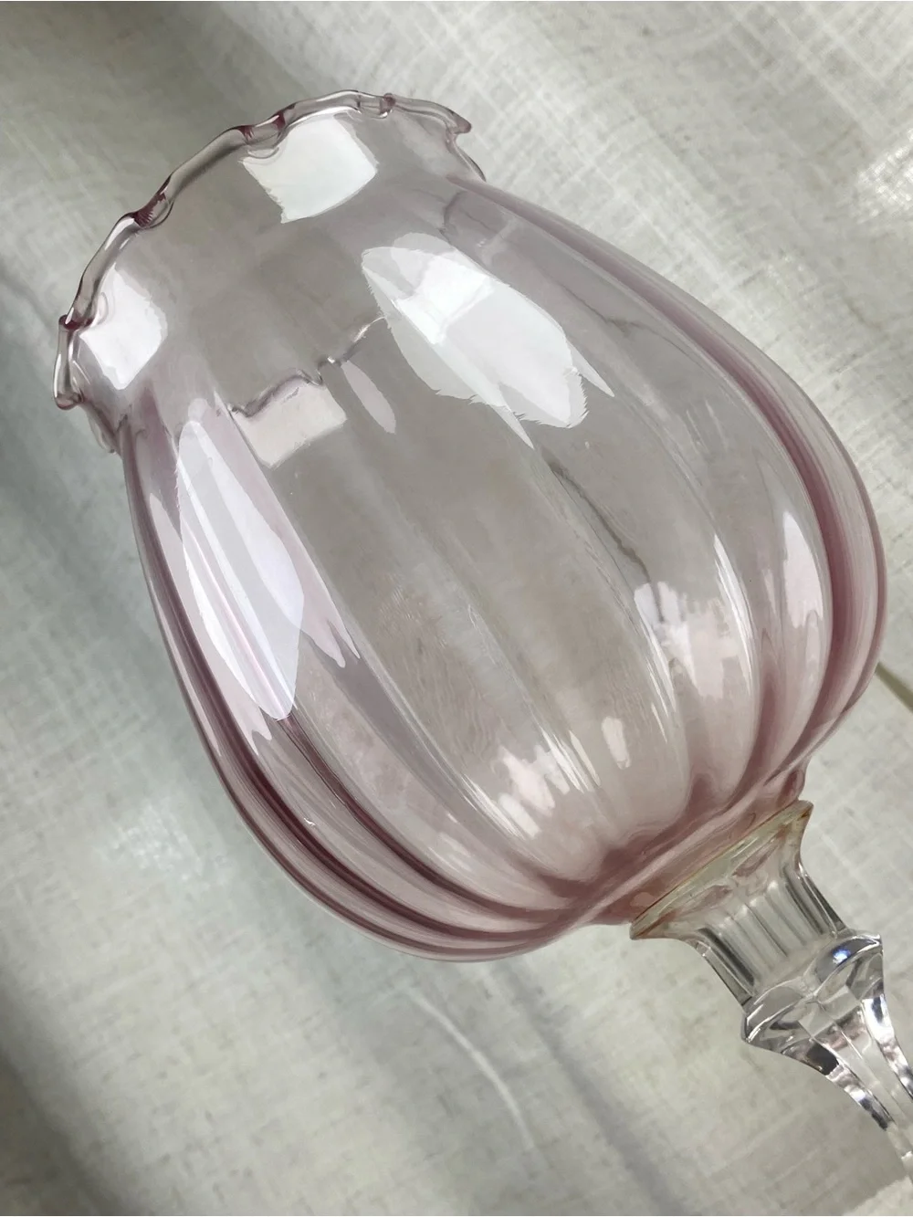 Vtg MCM Empoli Style Pink Optic Glass Goblet Vase Ruffled Brandy Snifter 11